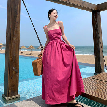 Holiday Summer French Rose Red Sling Corset Dress High-End Waist Big Skirt Beach Dress